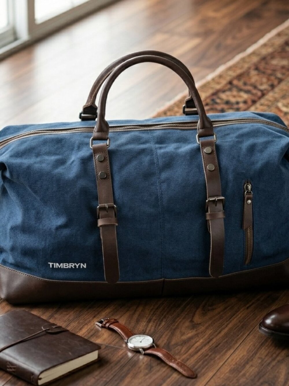 TIMBRYN Large Canvas & Leather Weekend Duffle Bag – Men's Vintage Travel CarryOn - Picture 4 of 17